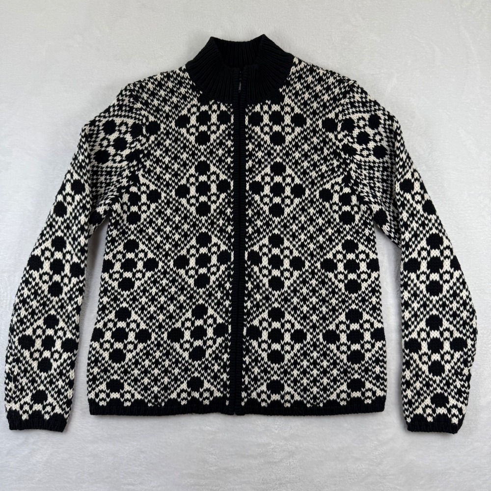 Talbots Womens Small Black White Cotton Geometric Full Zip Cardigan Sweater Mock
